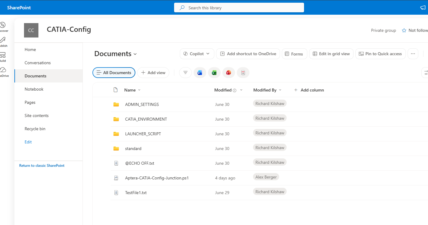 SharePoint CATIA-Config Documents library open in the browser, showing configuration folders