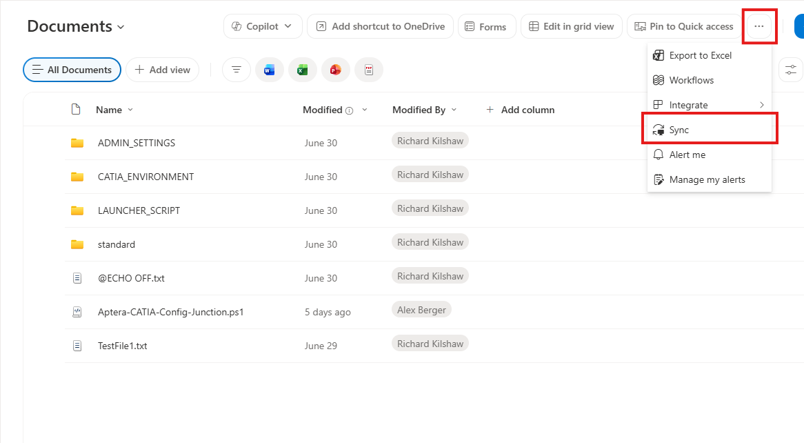 SharePoint toolbar overflow menu open with Sync highlighted