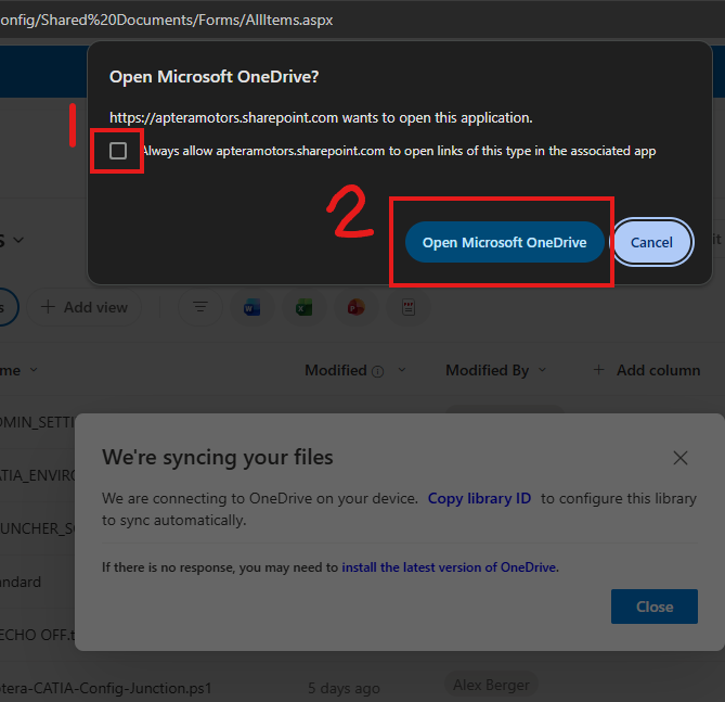 Browser dialog Open Microsoft OneDrive with Always allow checkbox and Open button numbered