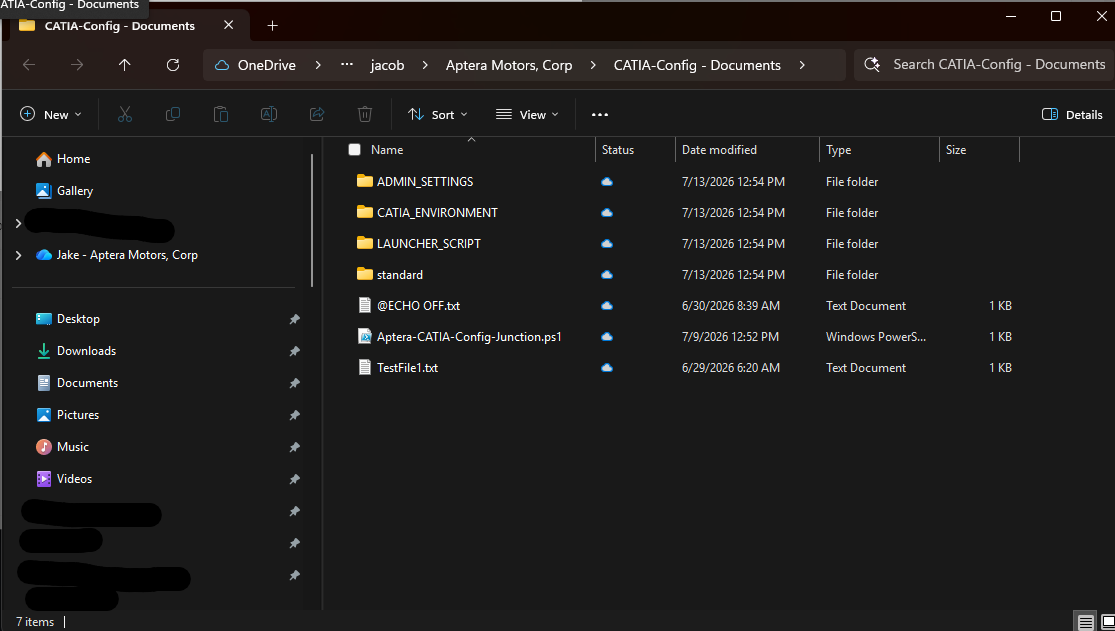 File Explorer showing CATIA-Config - Documents under Aptera OneDrive