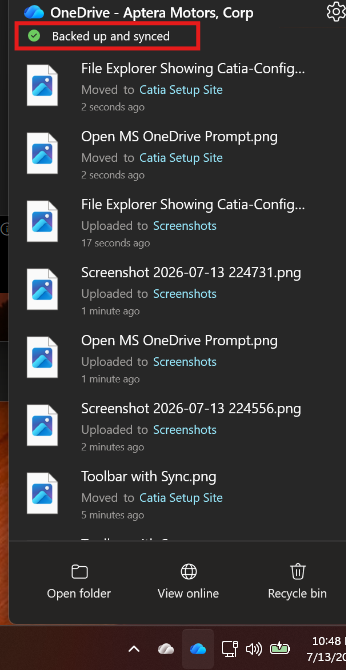 OneDrive activity window showing files synced status
